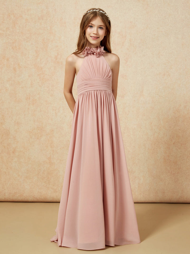 Halter Backless Chiffon Long Junior Bridesmaid Dress Dusty Rose