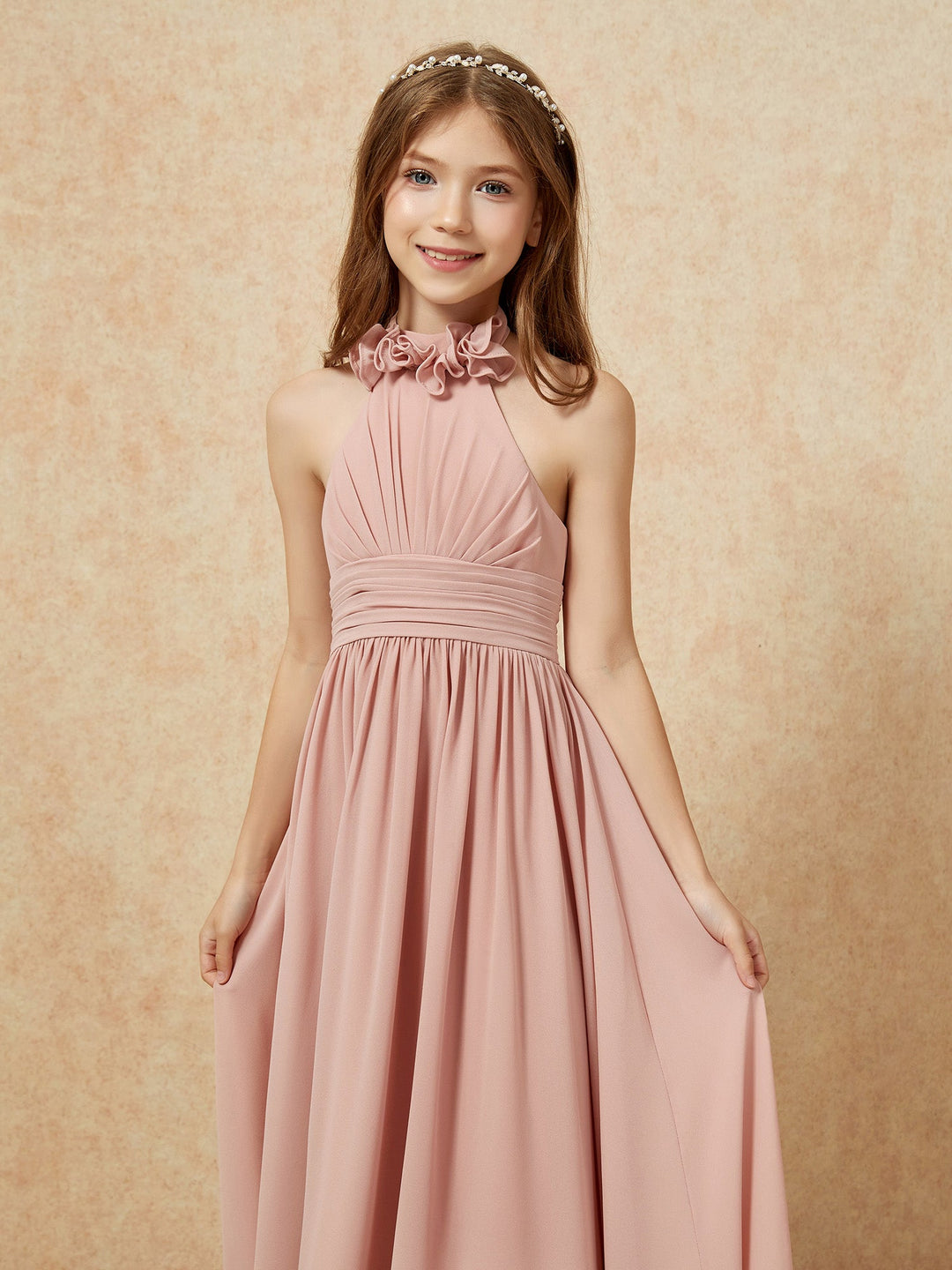 Halter Backless Chiffon Long Junior Bridesmaid Dress Dusty Rose