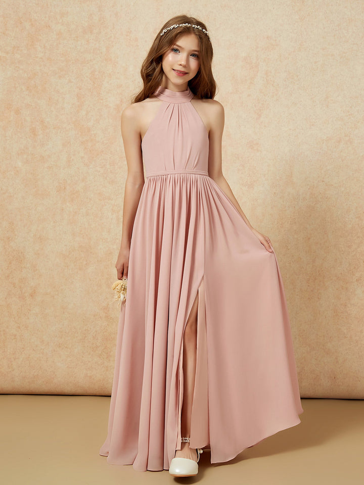 High Neck Long Junior Bridesmaid Dress With Slit Dusty Rose