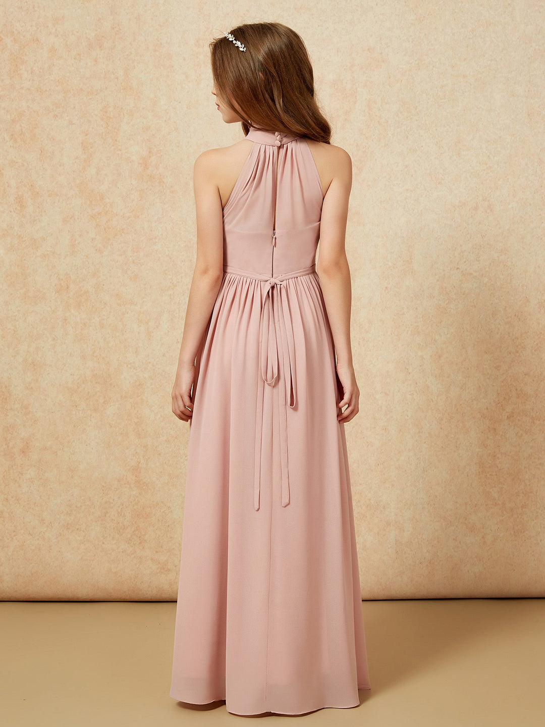High Neck Long Junior Bridesmaid Dress With Slit Dusty Rose