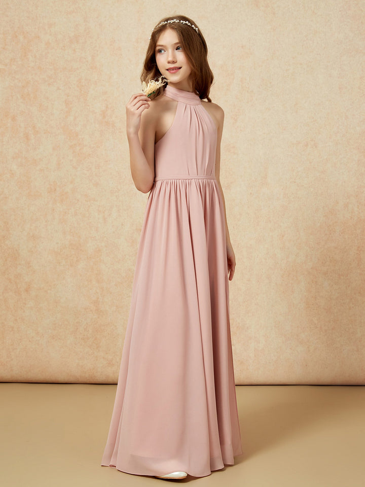 High Neck Long Junior Bridesmaid Dress With Slit Dusty Rose