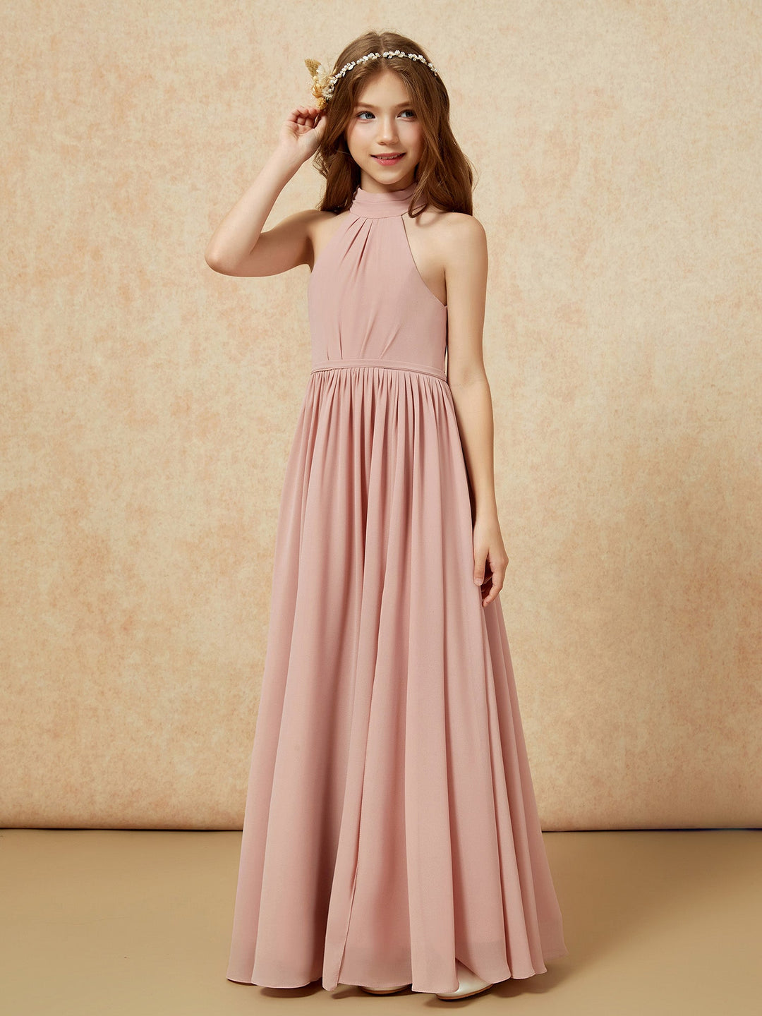 High Neck Long Junior Bridesmaid Dress With Slit Dusty Rose