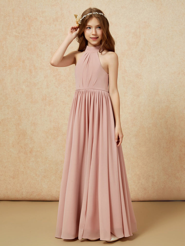 High Neck Long Junior Bridesmaid Dress With Slit Dusty Rose