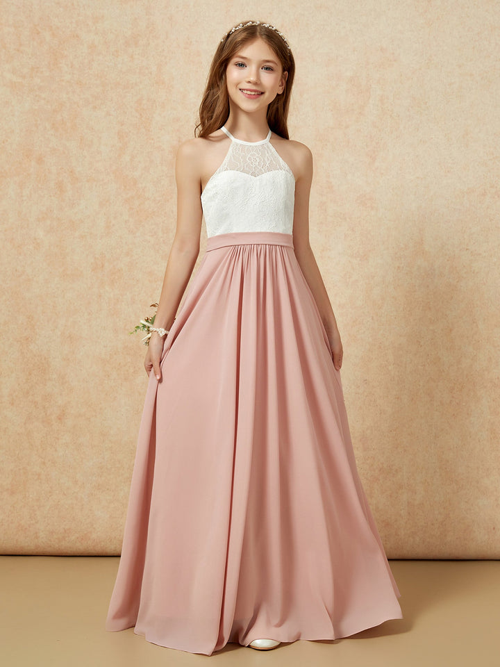 Halter Lace Top Sleeveless Junior Bridesmaid Dress Dusty Rose