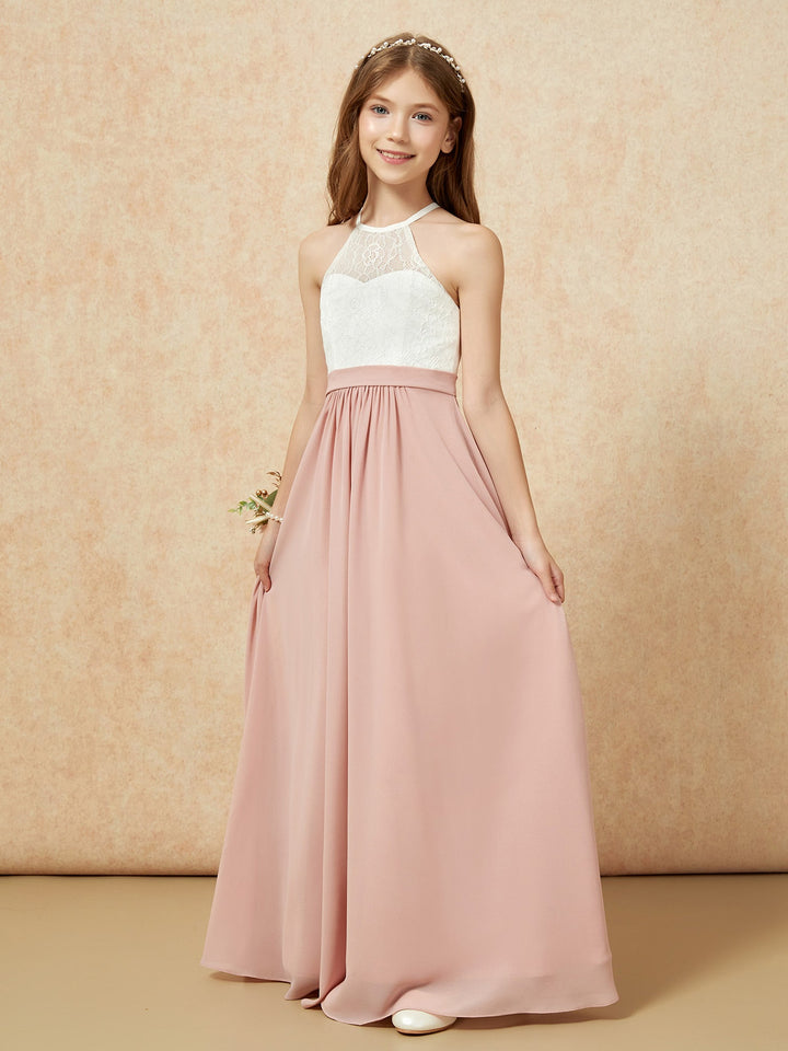 Halter Lace Top Sleeveless Junior Bridesmaid Dress Dusty Rose