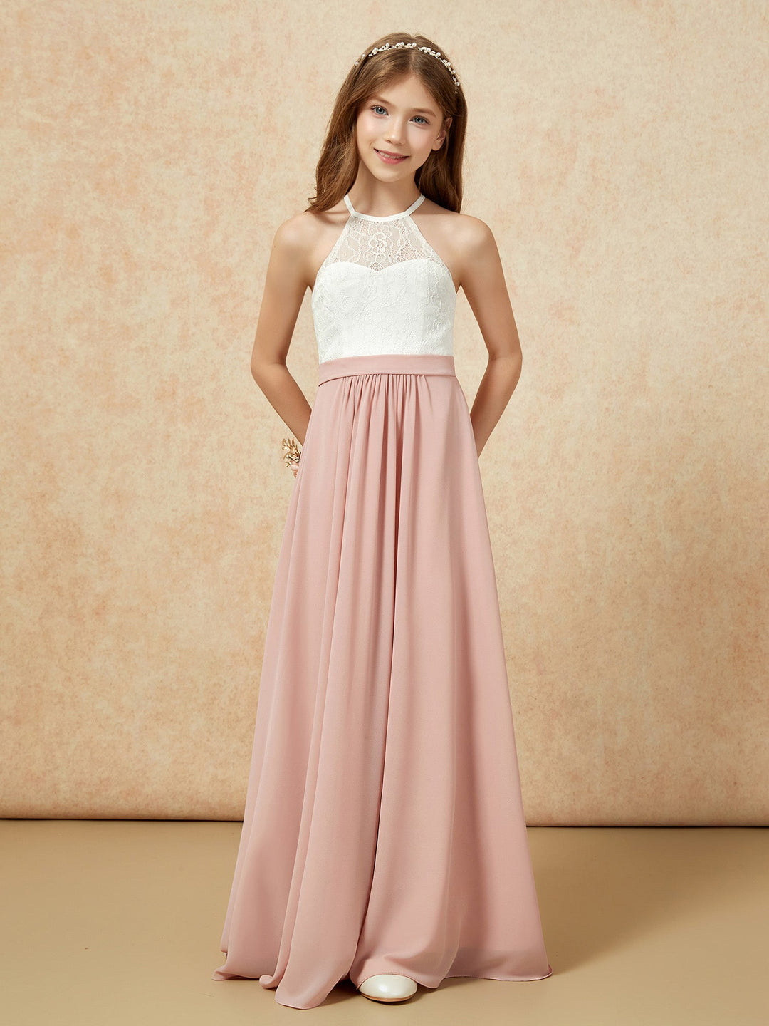 Halter Lace Top Sleeveless Junior Bridesmaid Dress Dusty Rose