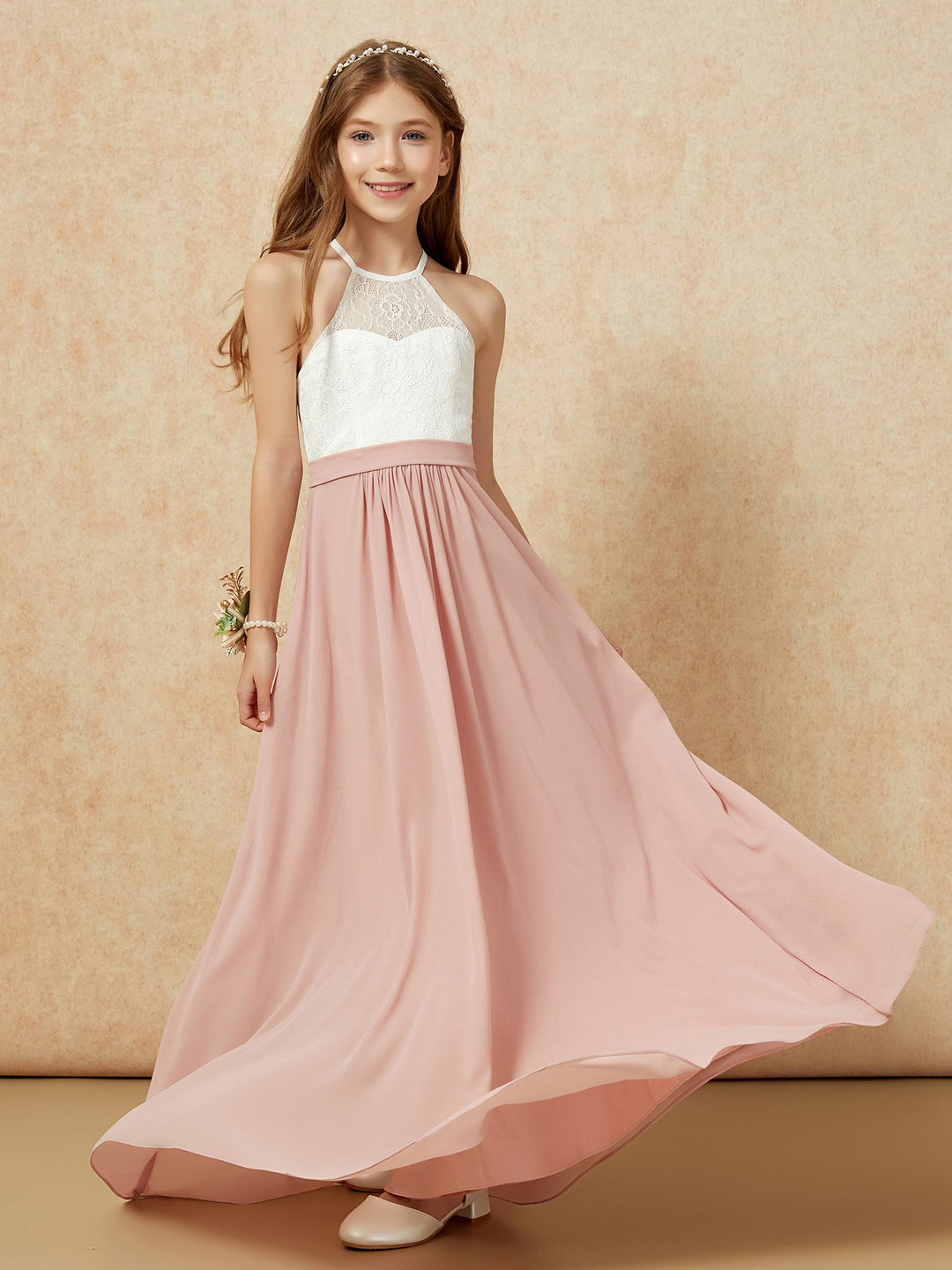 Halter Lace Top Sleeveless Junior Bridesmaid Dress Dusty Rose