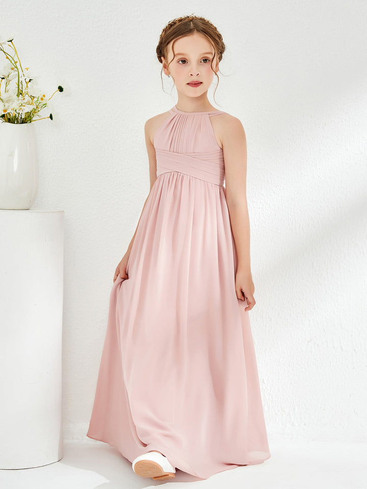 Halter Long Junior Bridesmaid Dress With Double Straps Dusty Rose