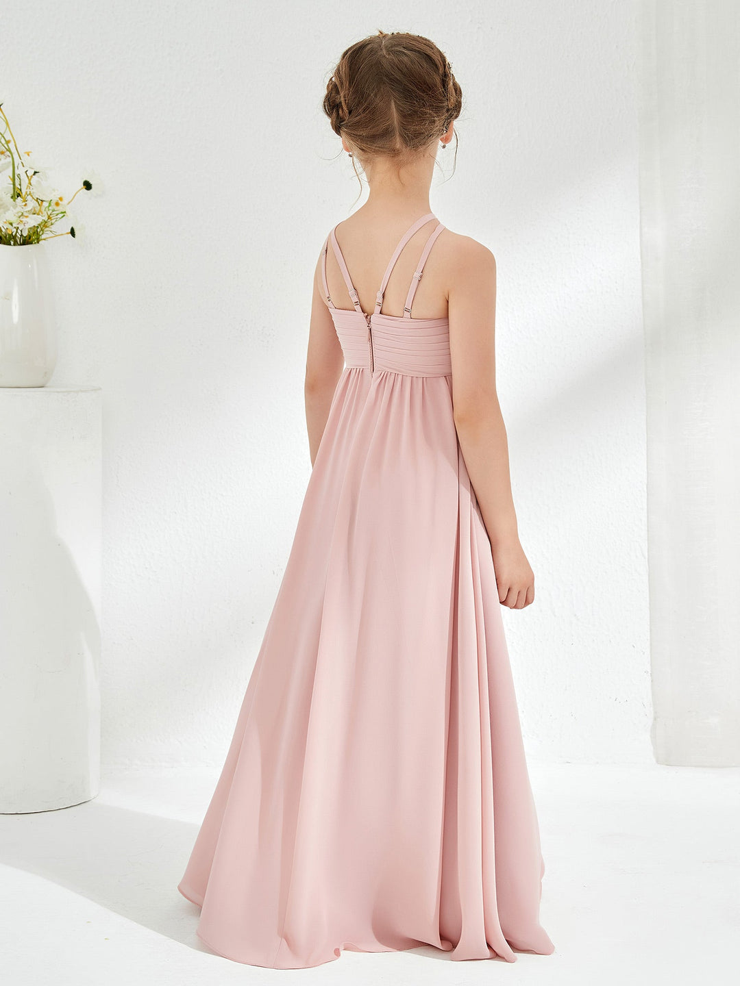 Halter Long Junior Bridesmaid Dress With Double Straps Dusty Rose