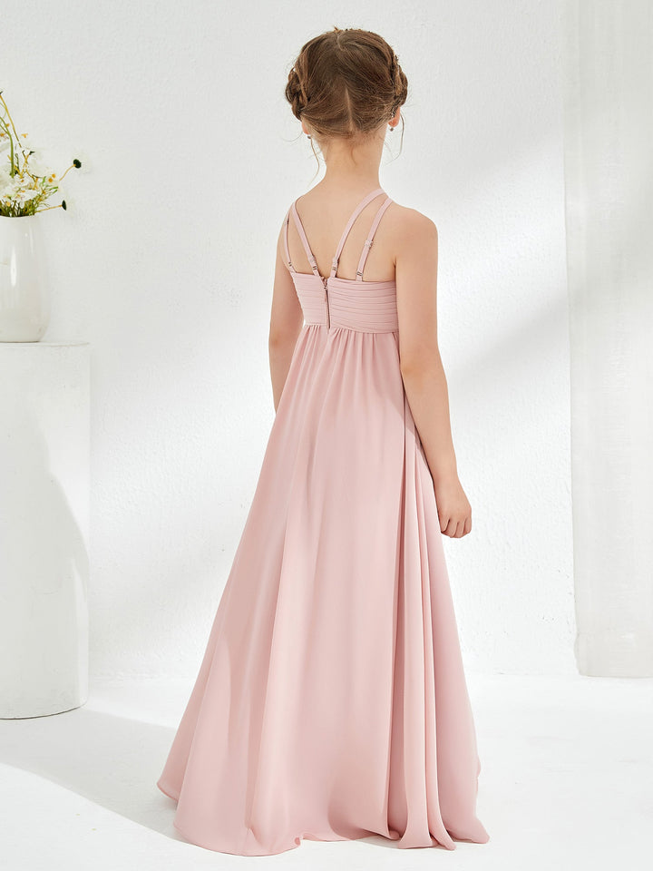 Halter Long Junior Bridesmaid Dress With Double Straps Dusty Rose