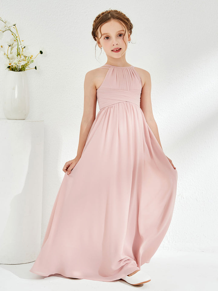 Halter Long Junior Bridesmaid Dress With Double Straps Dusty Rose
