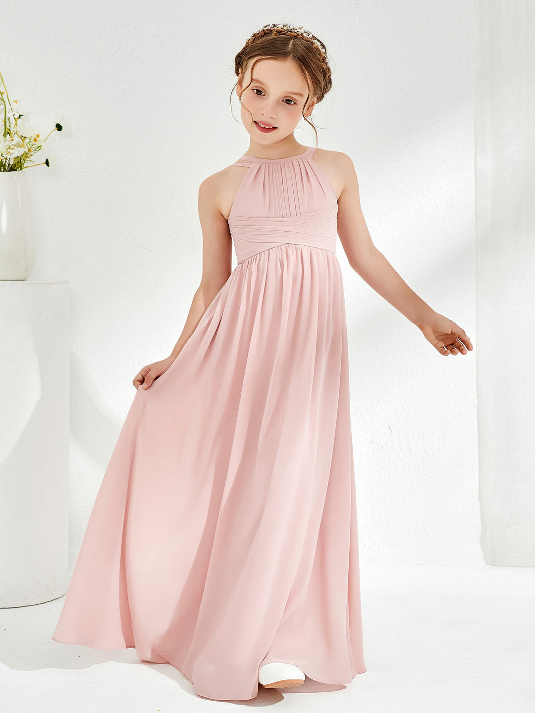 Halter Long Junior Bridesmaid Dress With Double Straps Dusty Rose