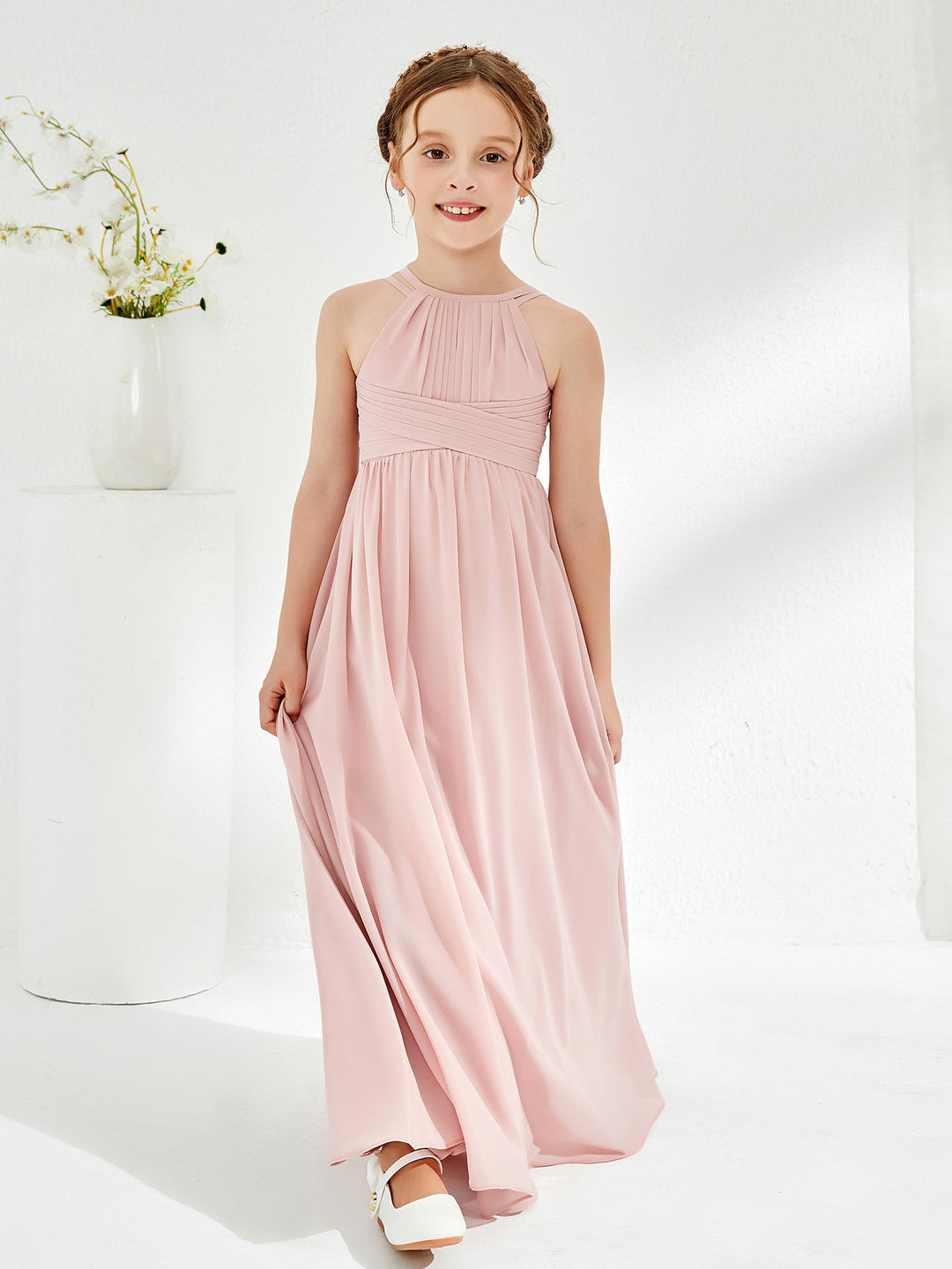 Halter Long Junior Bridesmaid Dress With Double Straps Dusty Rose