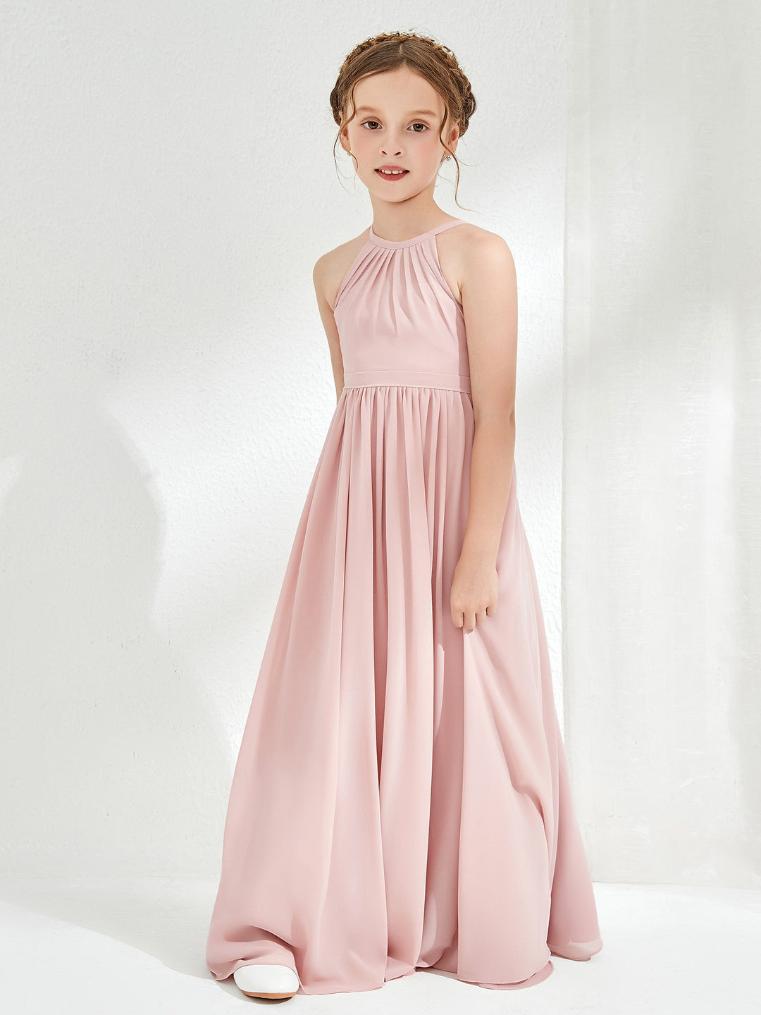 A-line Sleeveless Chiffon Long Junior Bridesmaid Dress Dusty Rose