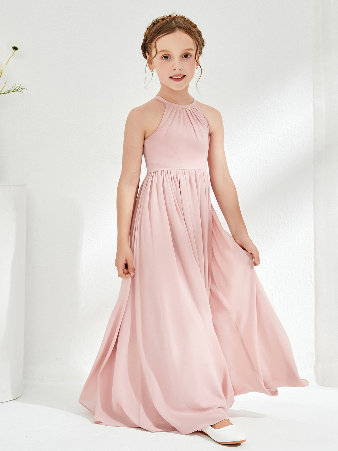 A-line Sleeveless Chiffon Long Junior Bridesmaid Dress Dusty Rose