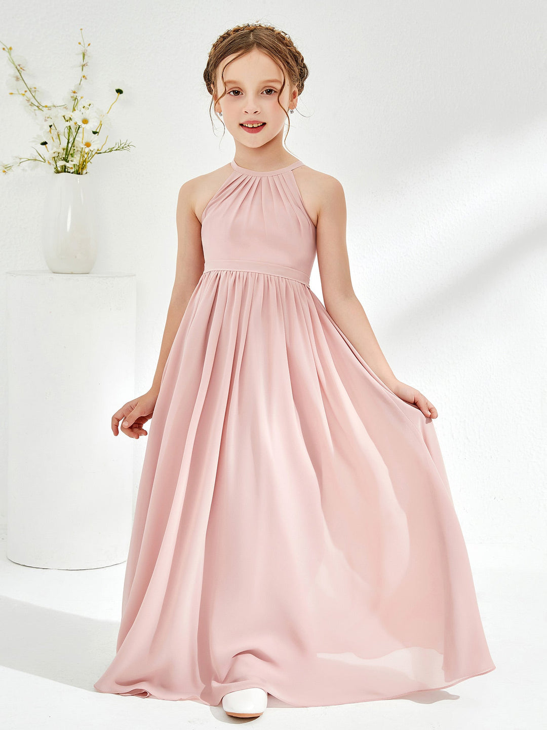 A-line Sleeveless Chiffon Long Junior Bridesmaid Dress Dusty Rose