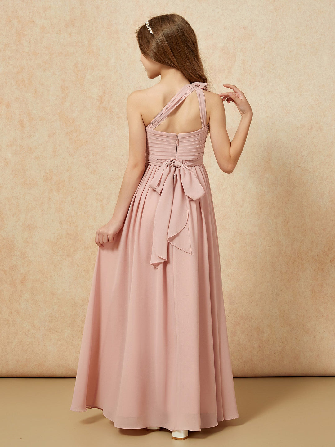 One Shoulder Long Junior Bridesmaid Dress With Slit Dusty Rose