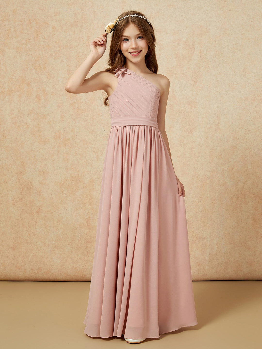 One Shoulder Long Junior Bridesmaid Dress With Slit Dusty Rose