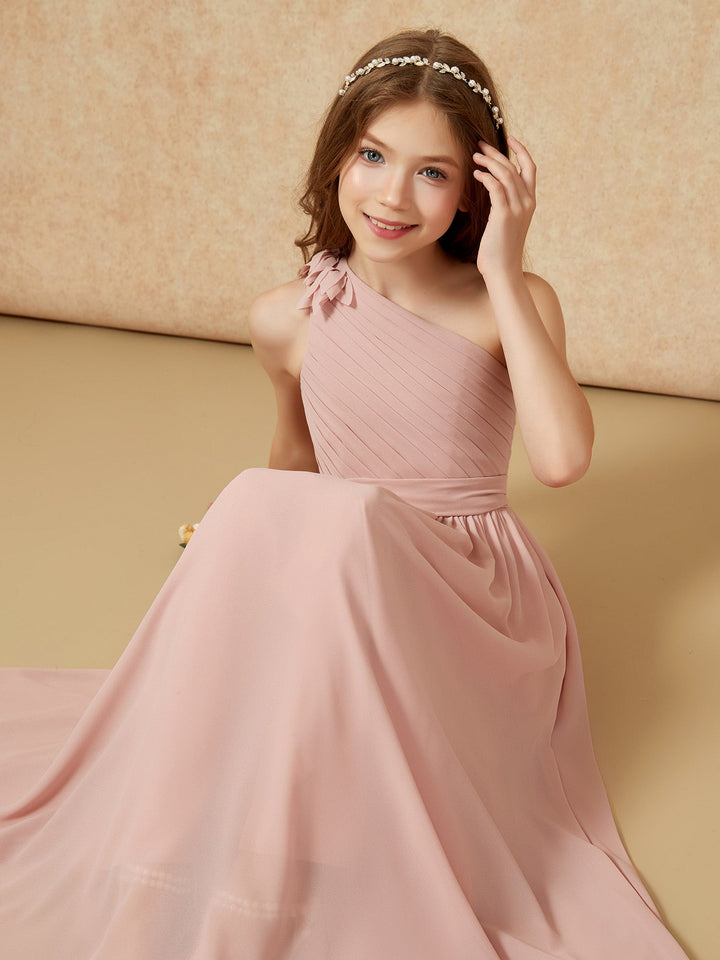 One Shoulder Long Junior Bridesmaid Dress With Slit Dusty Rose