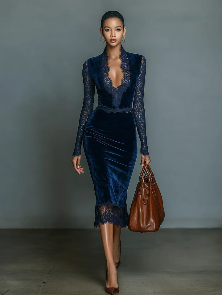 VICTORIA | Women's Dark Blue Velvet Midi Dress