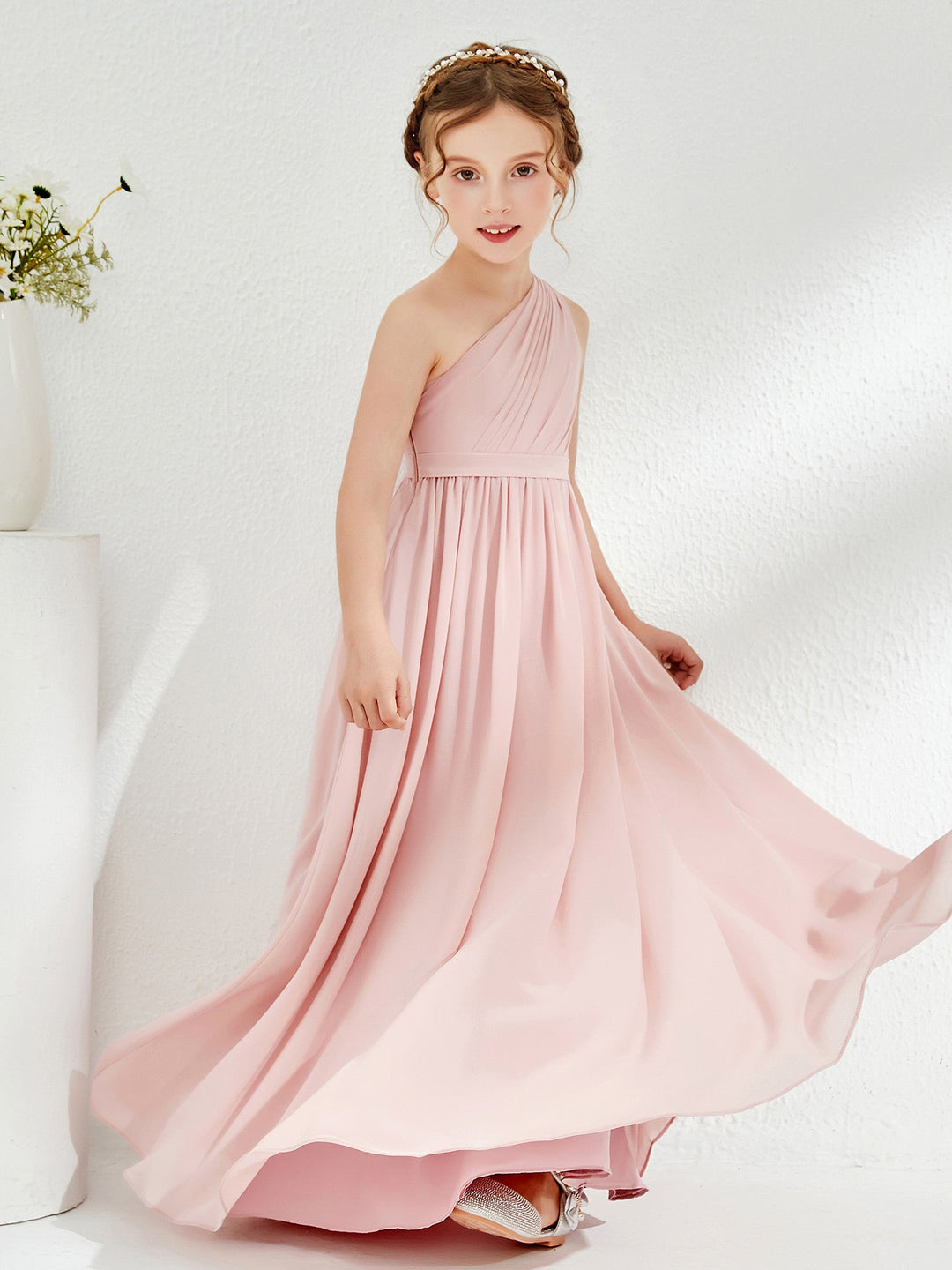 One Shoulder Pleated Chiffon Junior Bridesmaid Dress Dusty Rose