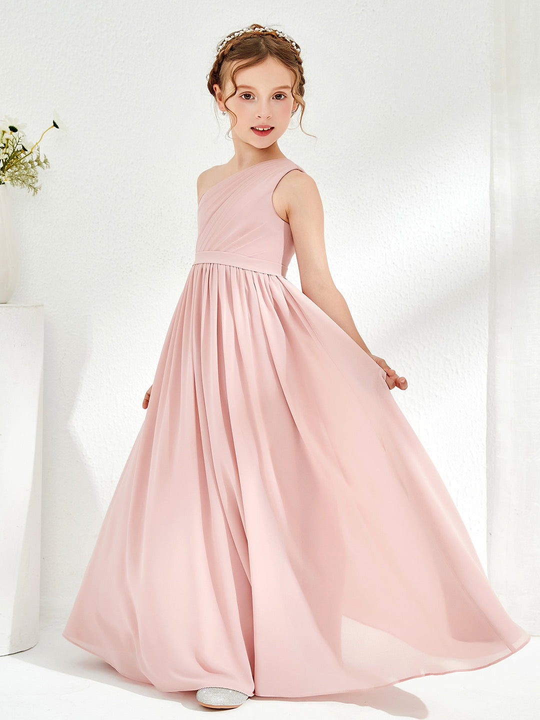 One Shoulder Pleated Chiffon Junior Bridesmaid Dress Dusty Rose