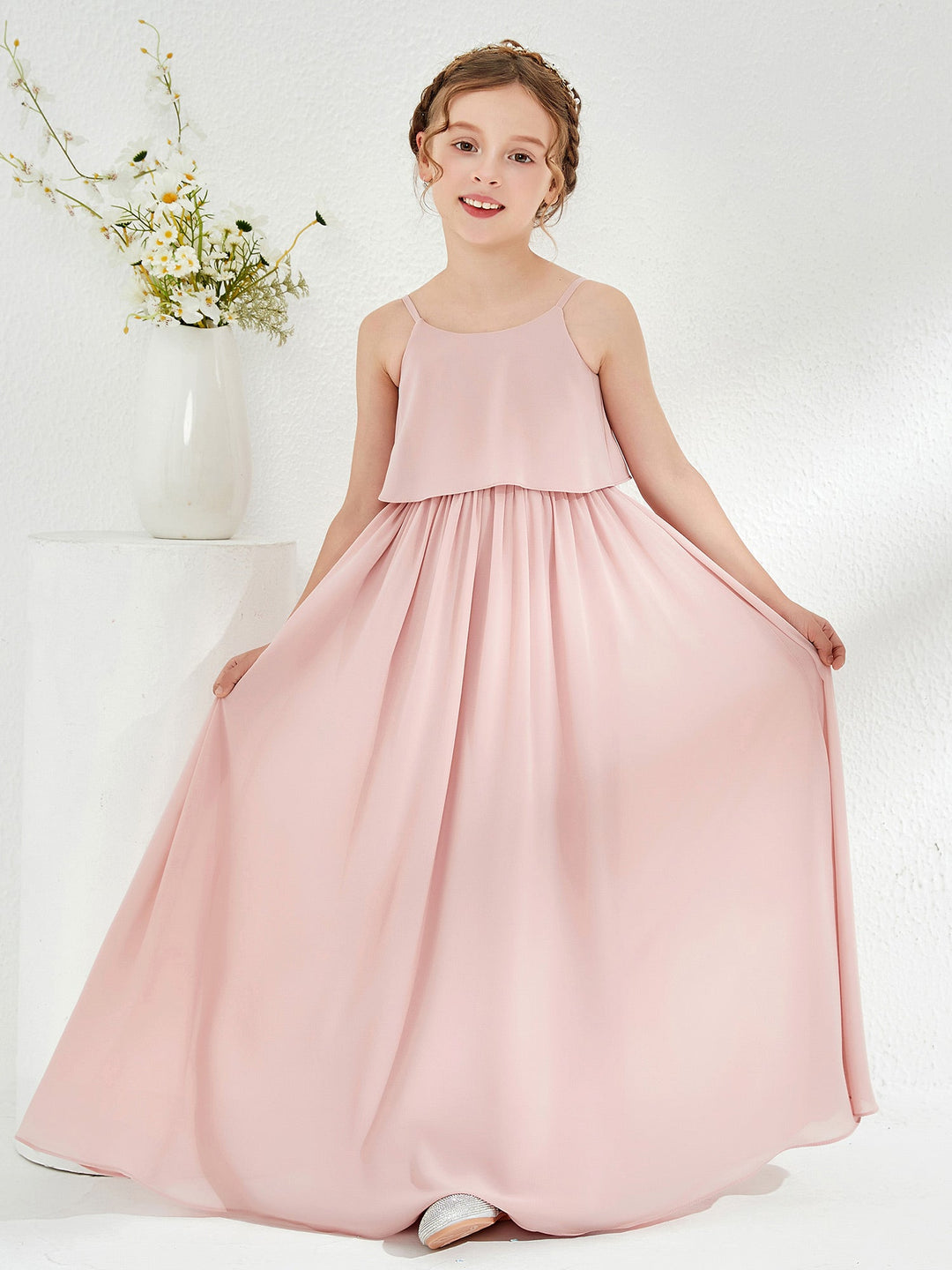Scoop Sleeveless A-line Long Junior Bridesmaid Dress Dusty Rose