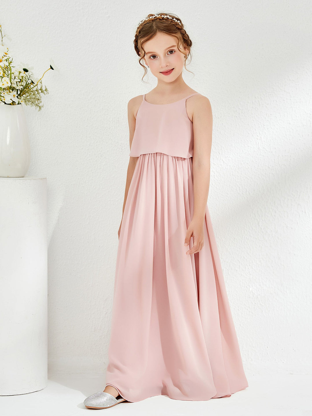 Scoop Sleeveless A-line Long Junior Bridesmaid Dress Dusty Rose