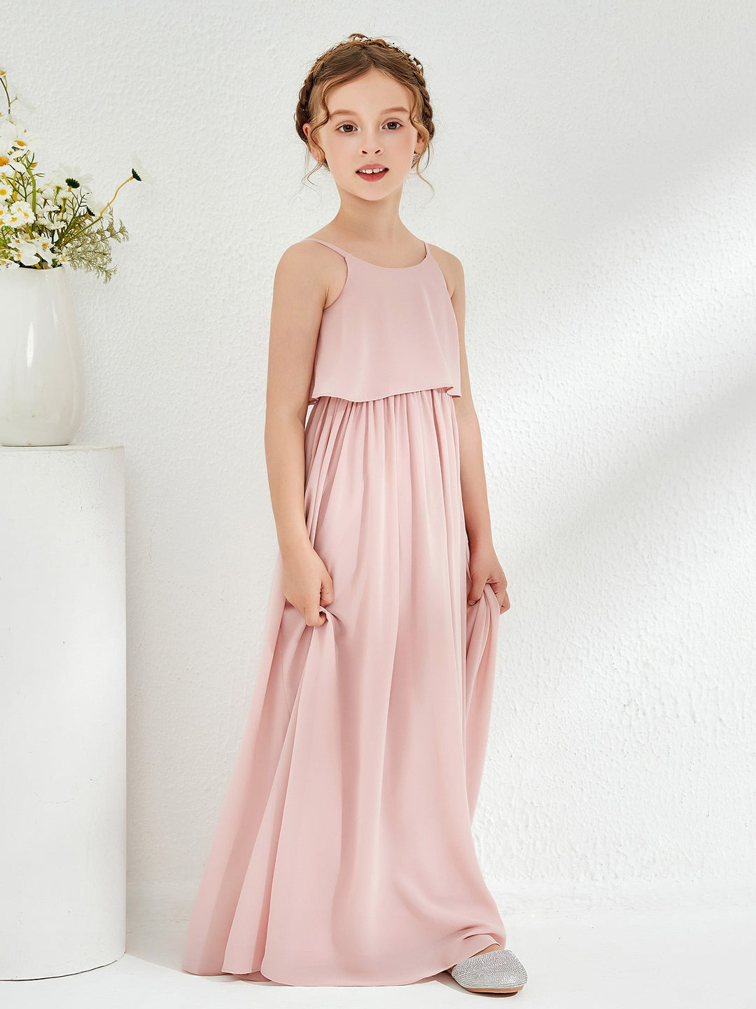 Scoop Sleeveless A-line Long Junior Bridesmaid Dress Dusty Rose