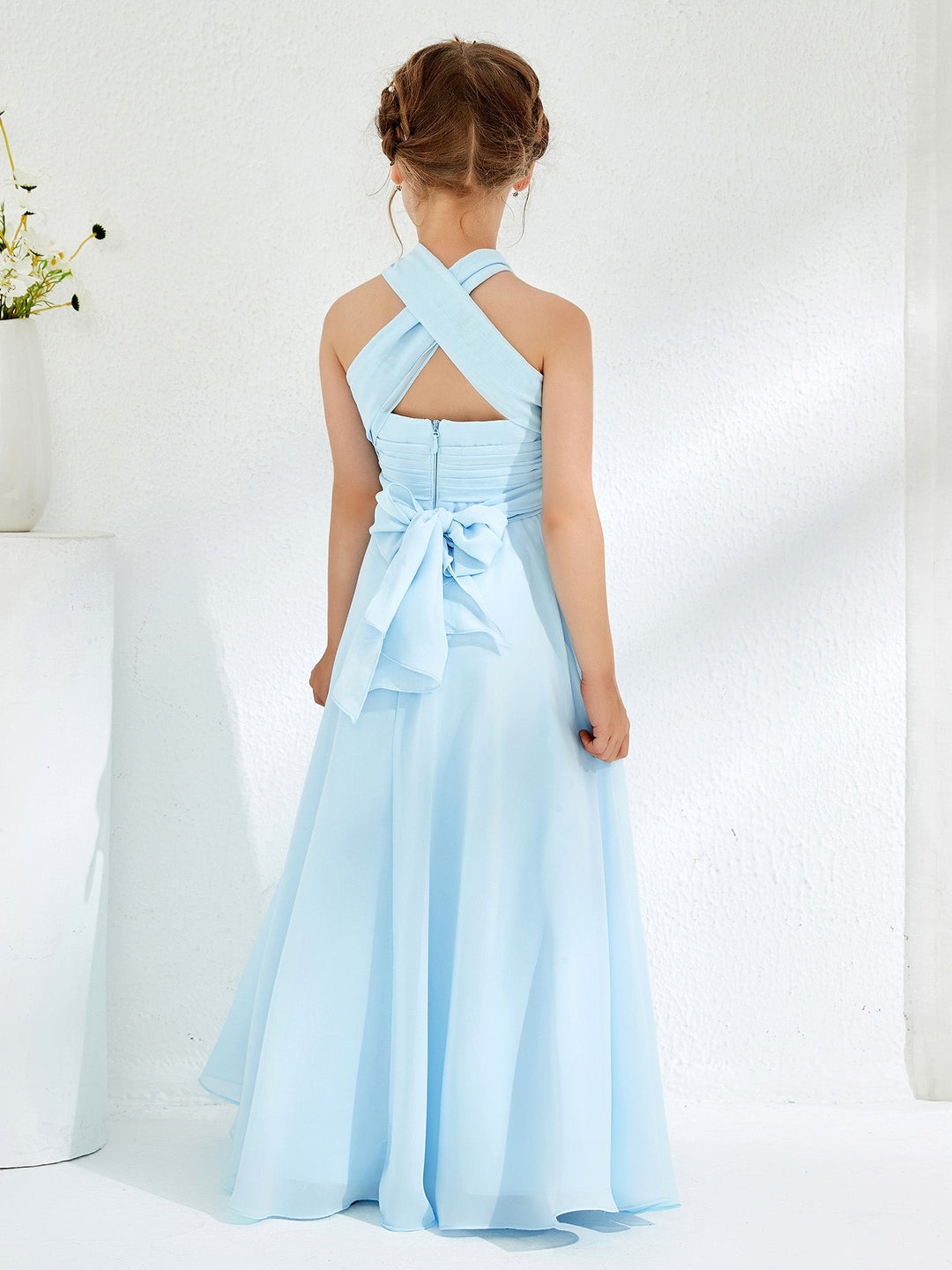 A-line Halter Neckline Sleeveless Junior Bridesmaid Dresses Sky Blue
