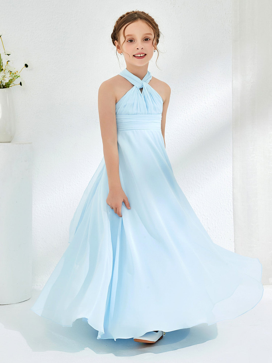 A-line Halter Neckline Sleeveless Junior Bridesmaid Dresses Sky Blue