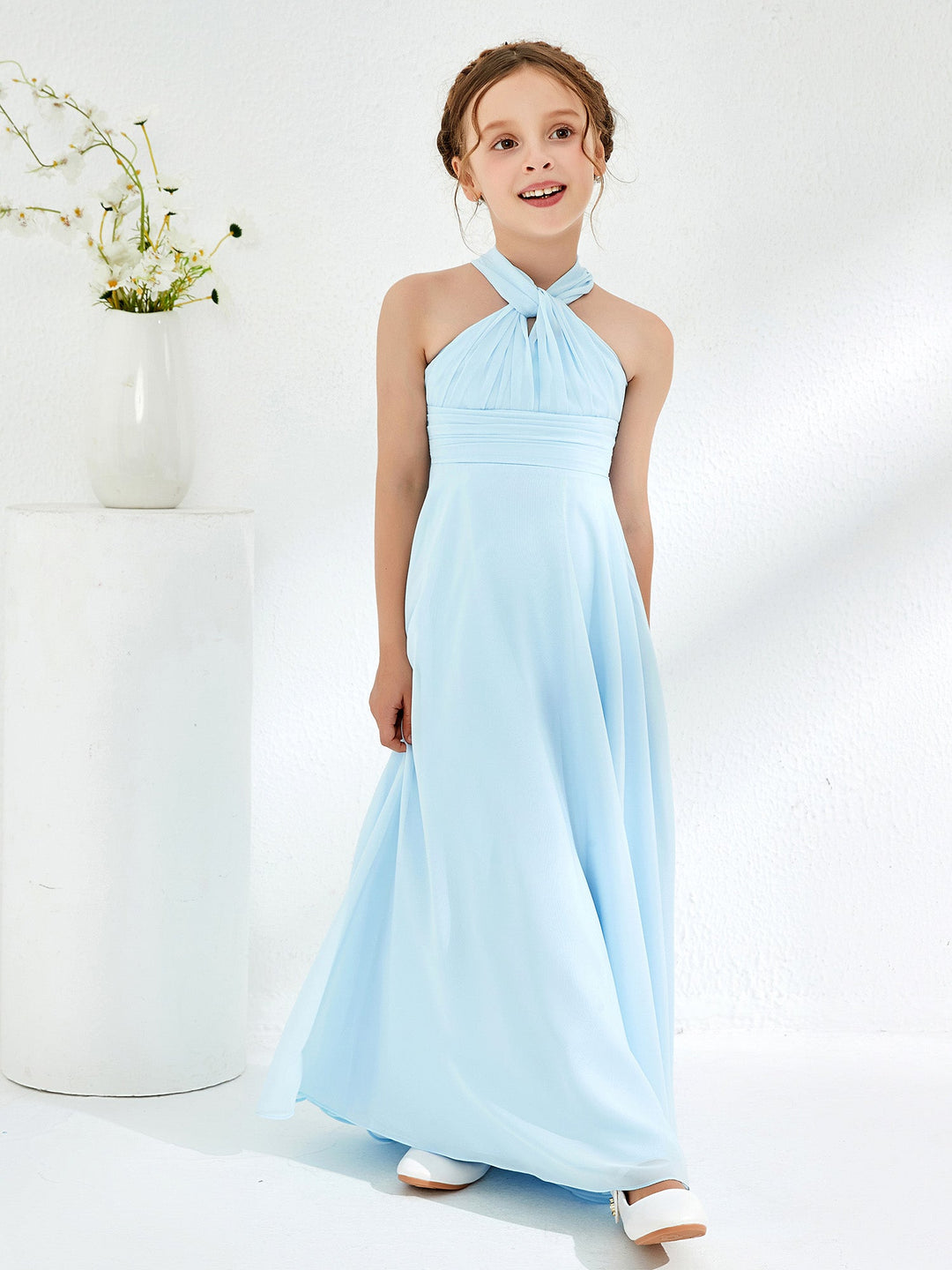 A-line Halter Neckline Sleeveless Junior Bridesmaid Dresses Sky Blue