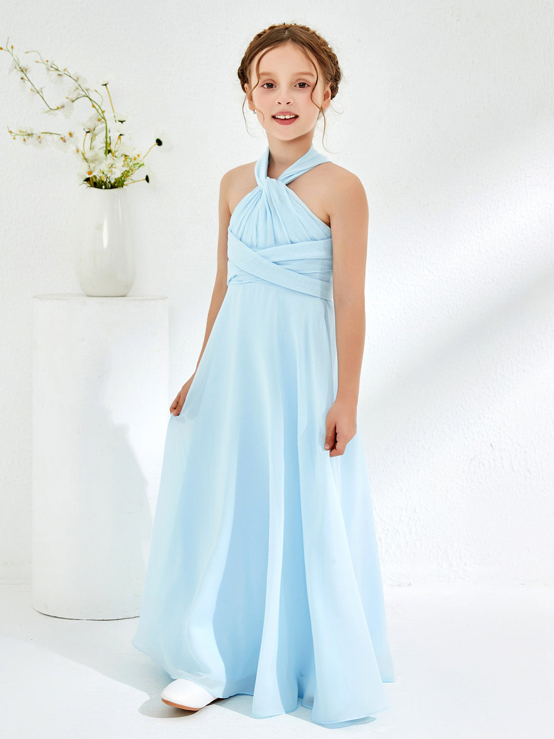 A-line Halter Neckline Sleeveless Junior Bridesmaid Dresses Sky Blue