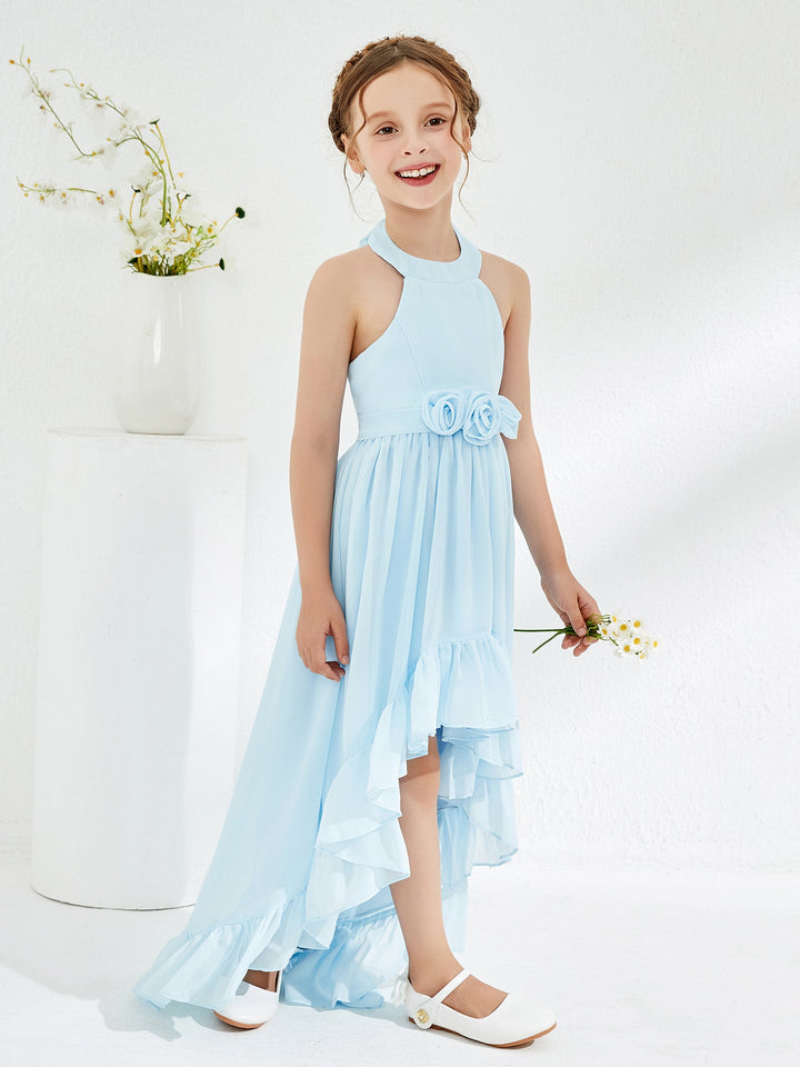 Asymmetrical A-line Junior Bridesmaid Dresses with Flower Sky Blue