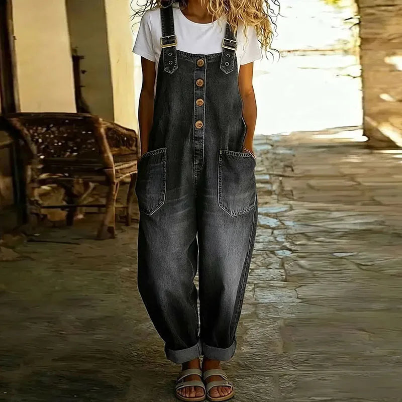 Mae | Vintage Soft Cotton Denim-Look Overalls with Adjustable Straps