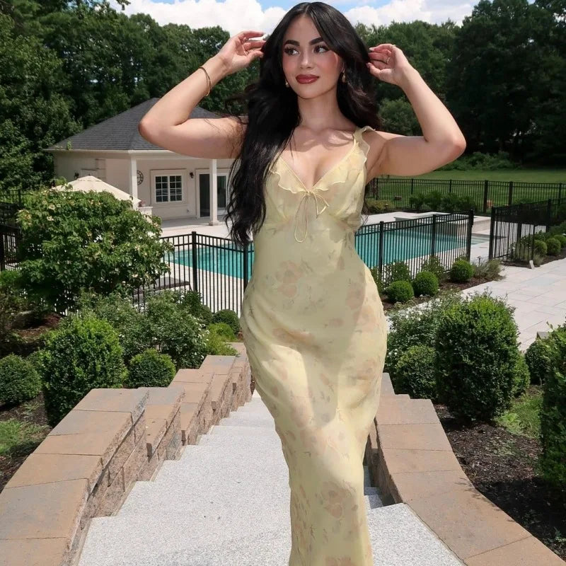 LYORAH™ | BACKLESS FLORAL PLUNGE MAXI DRESS