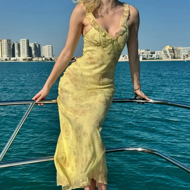 LYORAH™ | BACKLESS FLORAL PLUNGE MAXI DRESS