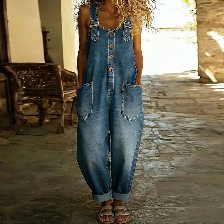 Mae | Vintage Soft Cotton Denim-Look Overalls with Adjustable Straps
