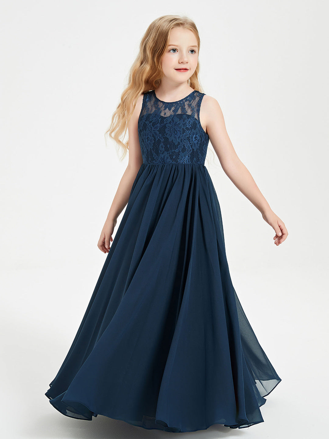 Long Junior Bridesmaid Dresses Illusion Lace Top Dark Navy