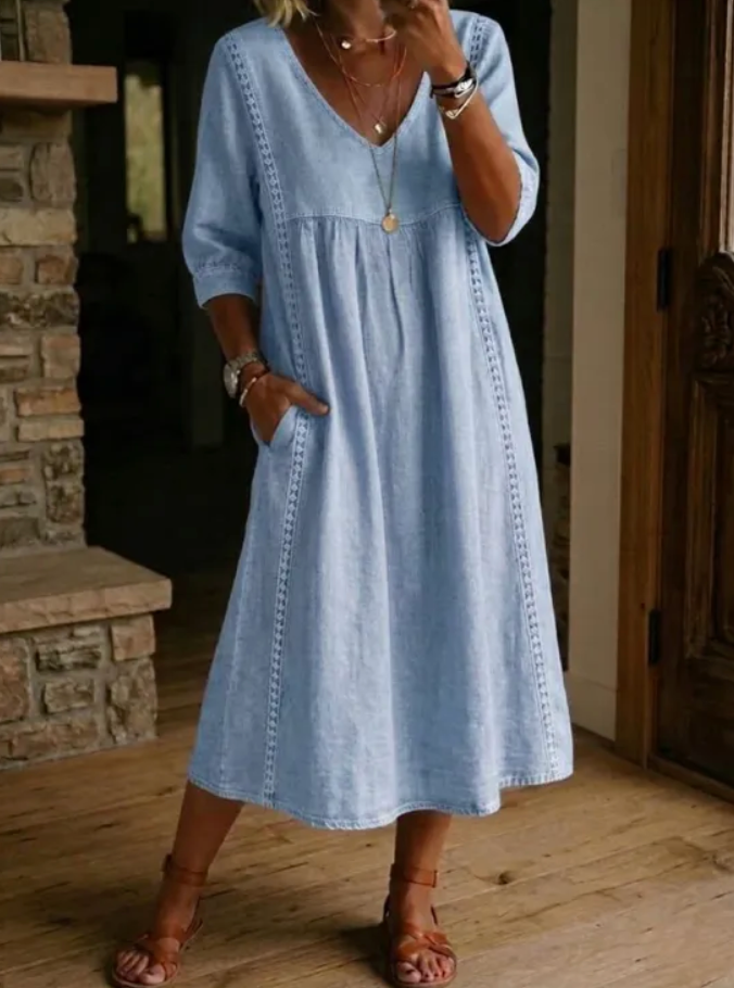 Melissa | Round Neck Long Sleeve Denim Dress