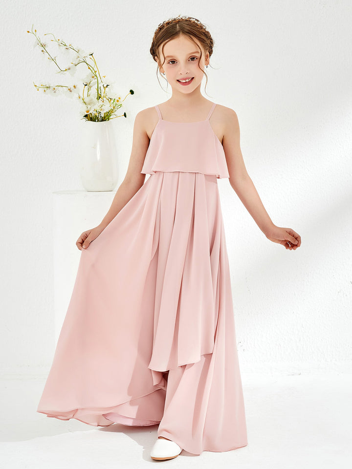 Spaghetti Strap Junior Bridesmaid Dress With Cascade Skirt Dusty Rose