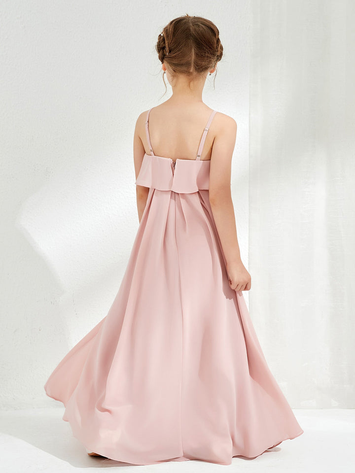 Spaghetti Strap Junior Bridesmaid Dress With Cascade Skirt Dusty Rose