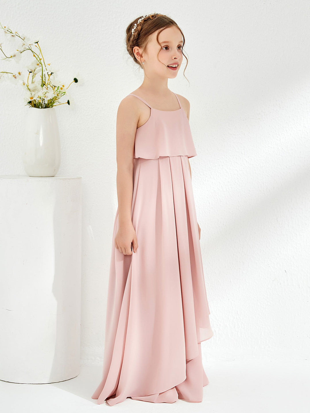 Spaghetti Strap Junior Bridesmaid Dress With Cascade Skirt Dusty Rose
