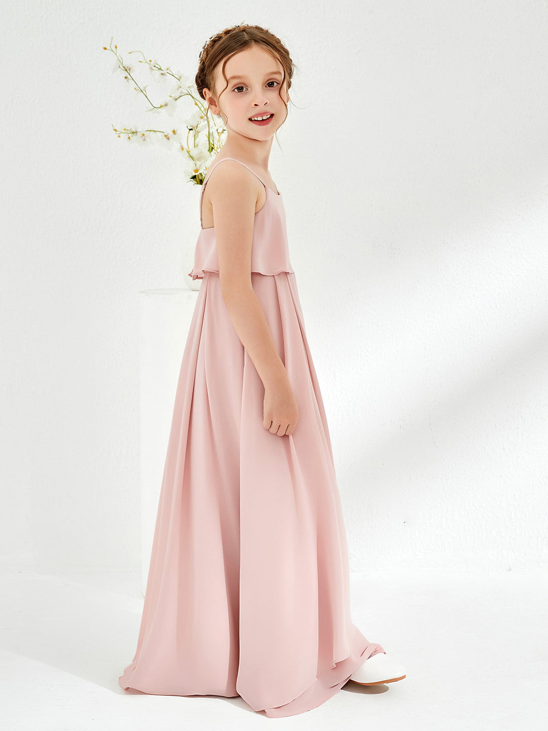 Spaghetti Strap Junior Bridesmaid Dress With Cascade Skirt Dusty Rose