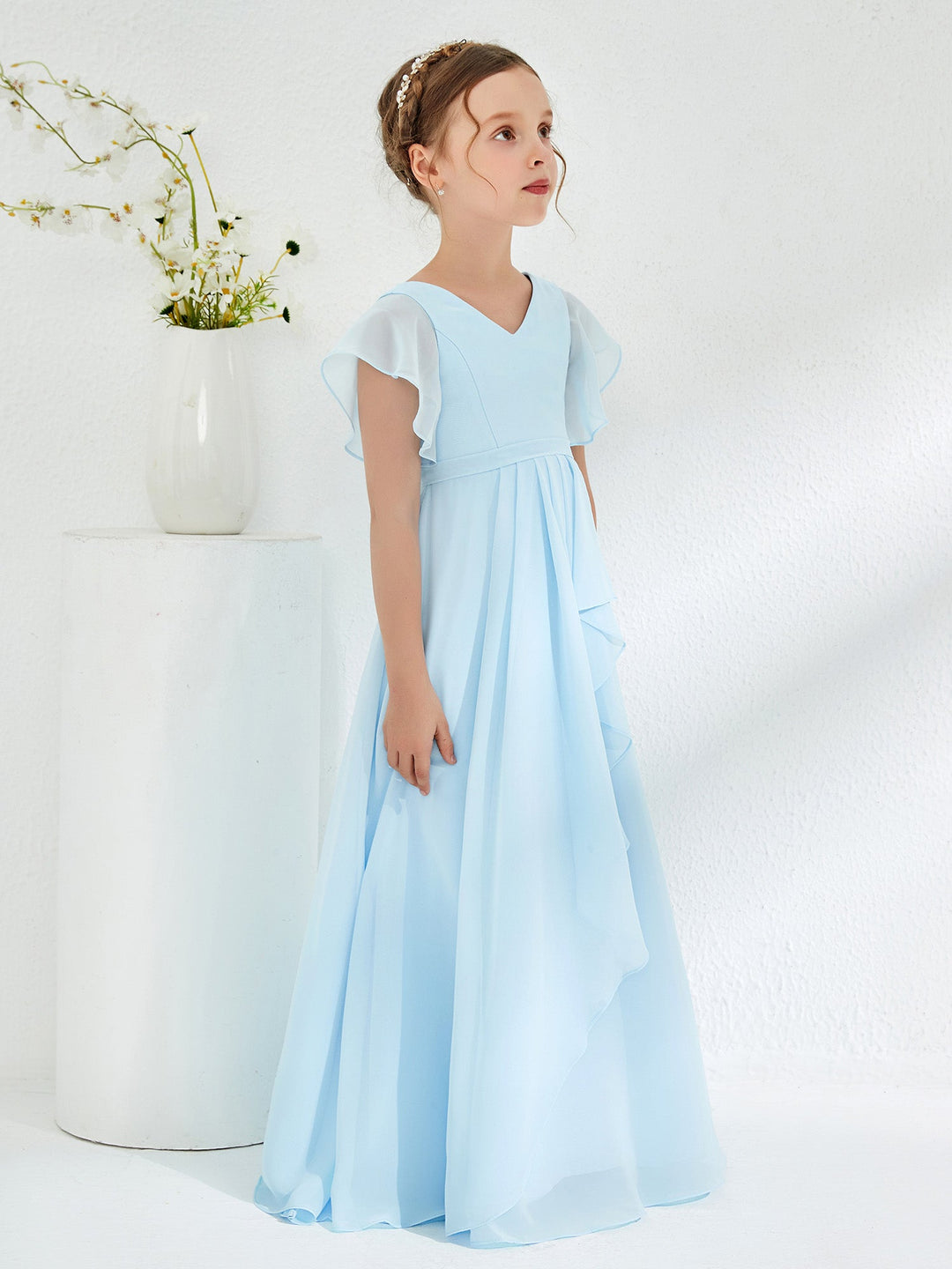 V-neck Junior Bridesmaid Dresses with Flutter Sleeves Sky Blue
