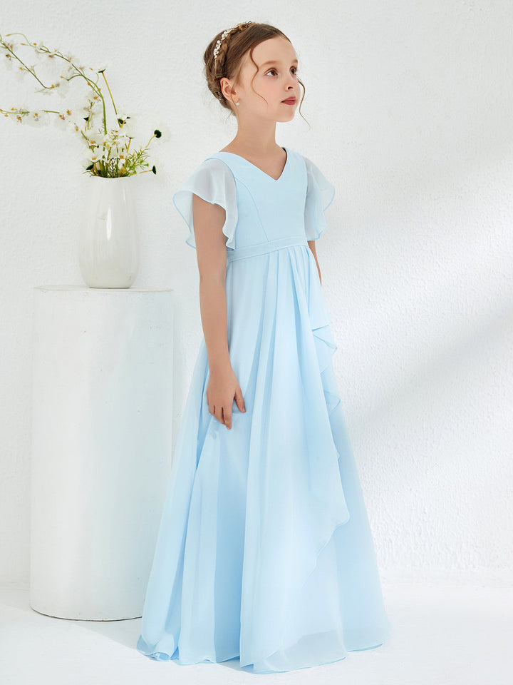 V-neck Junior Bridesmaid Dresses with Flutter Sleeves Sky Blue