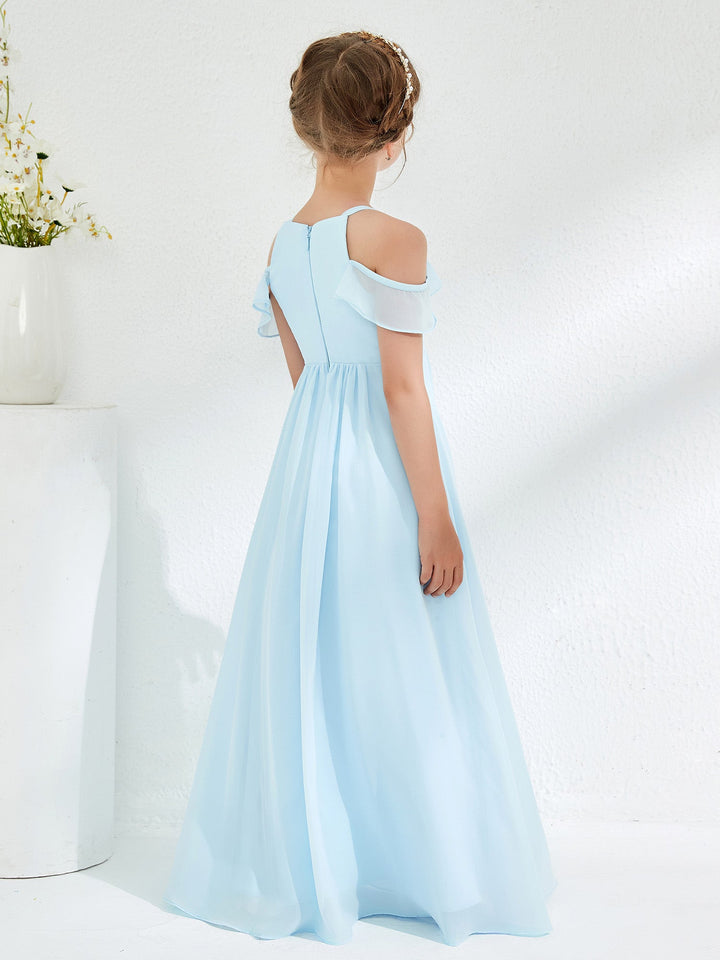 Off-the-shoulder Ruched Junior Bridesmaid Dresses Sky Blue