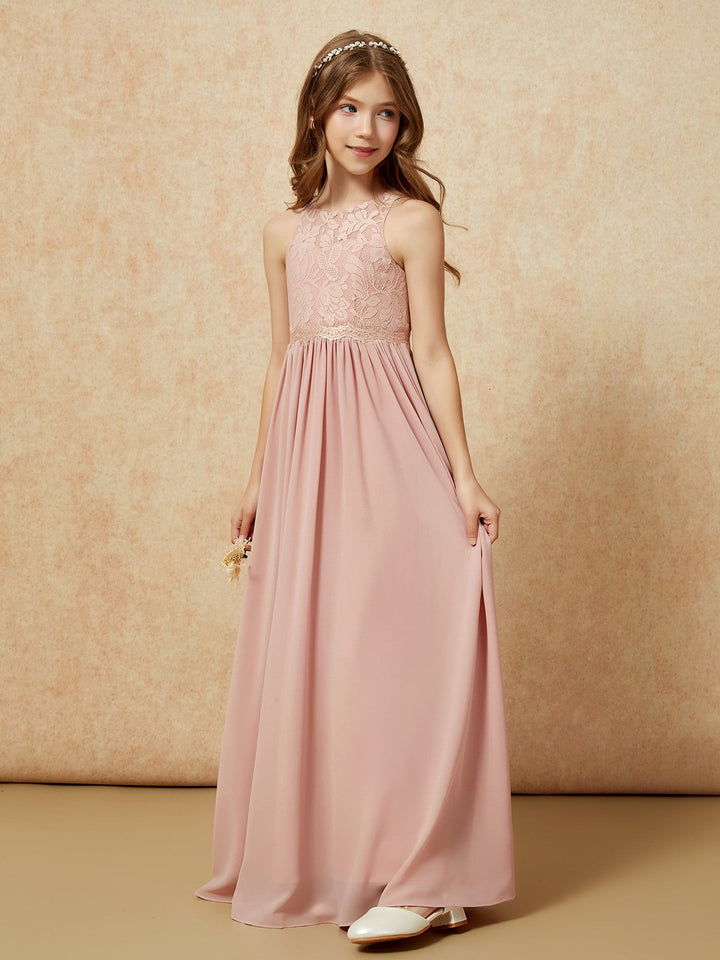 Sleeveless Lace Chiffon A-line Junior Bridesmaid Dress Dusty Rose
