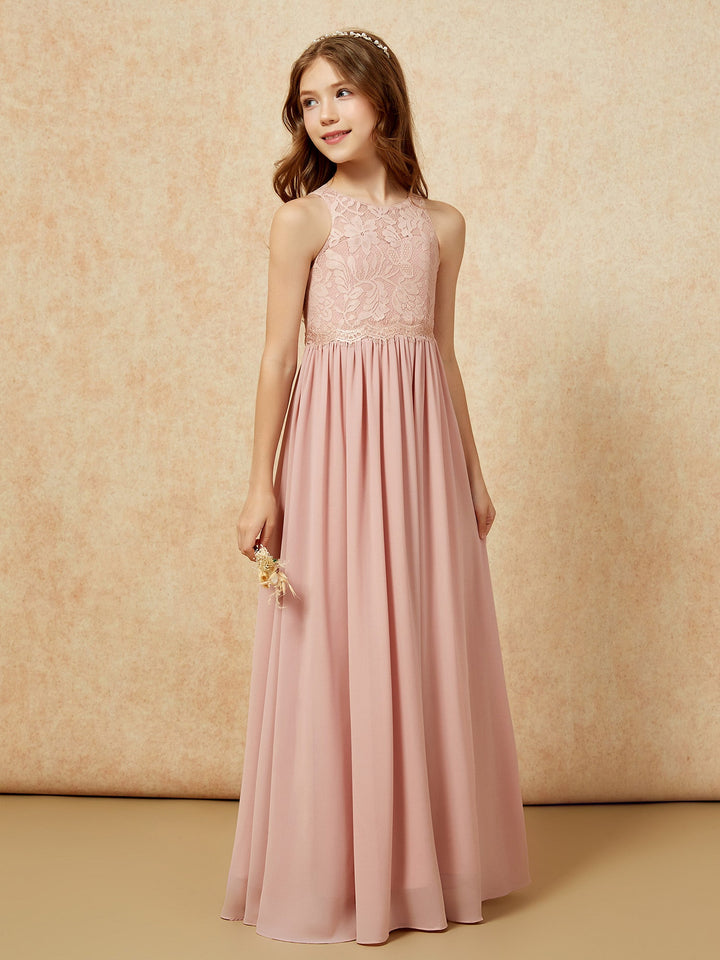 Sleeveless Lace Chiffon A-line Junior Bridesmaid Dress Dusty Rose