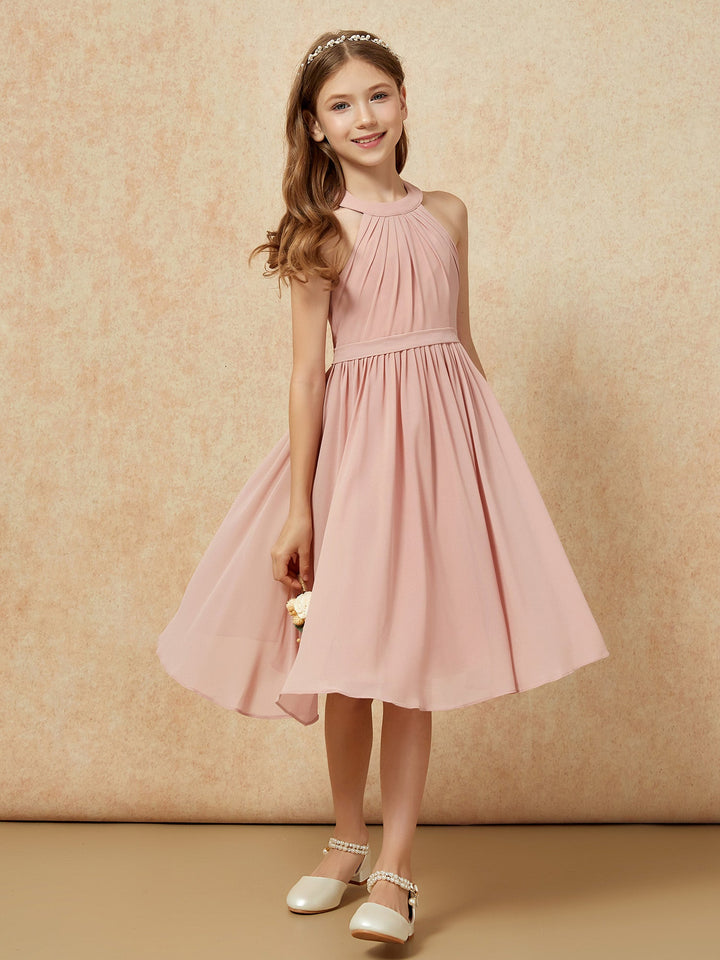 Grecian Neck Knee-length Chiffon Junior Bridesmaid Dress Dusty Rose